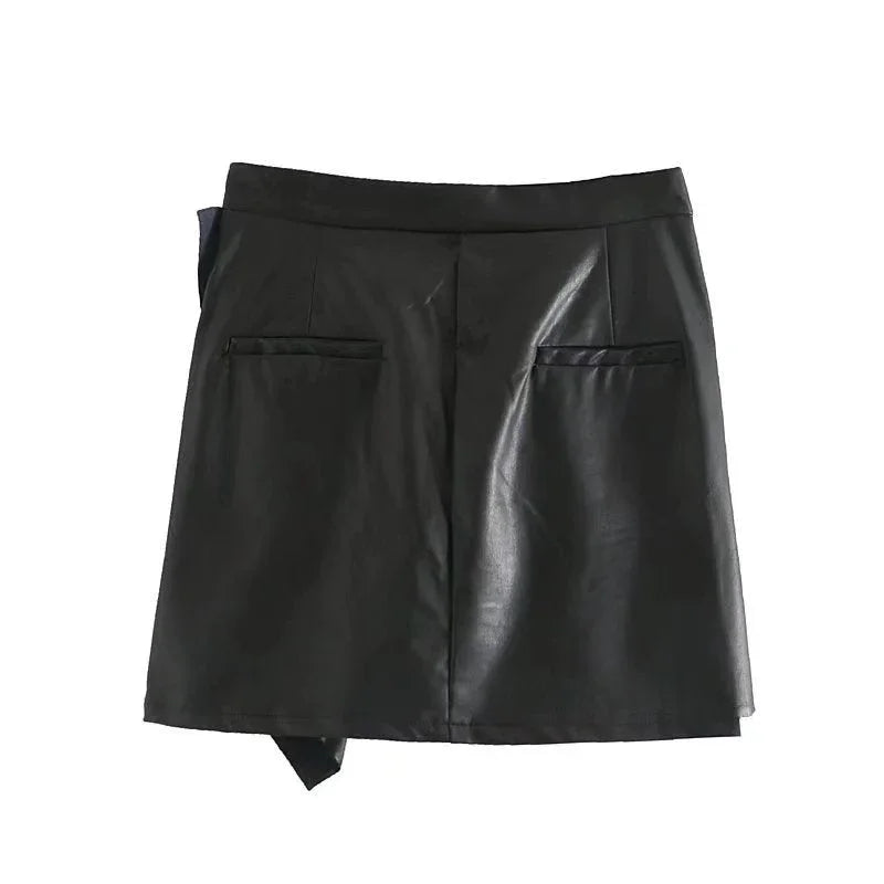 Women's Ruffle Trim Artificial Hip Leather Skirt - VAleG