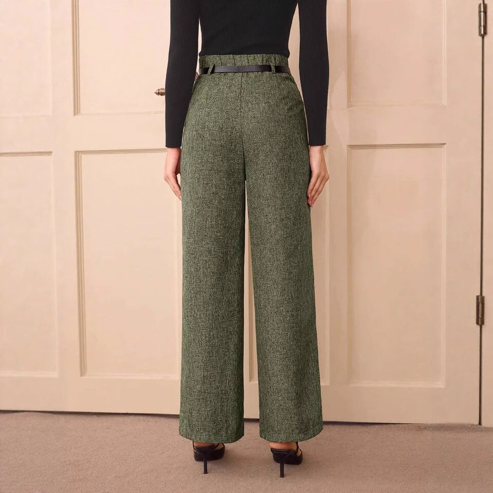 Pantaloni a gamba dritta in misto lino a vita alta vintage casual
