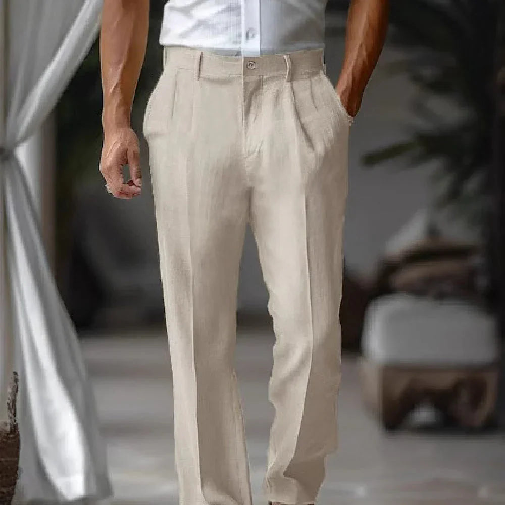 Men's Linen Double Pleated Front Pocket Solid Color Fashion Casual Straight Trousers - VAleG