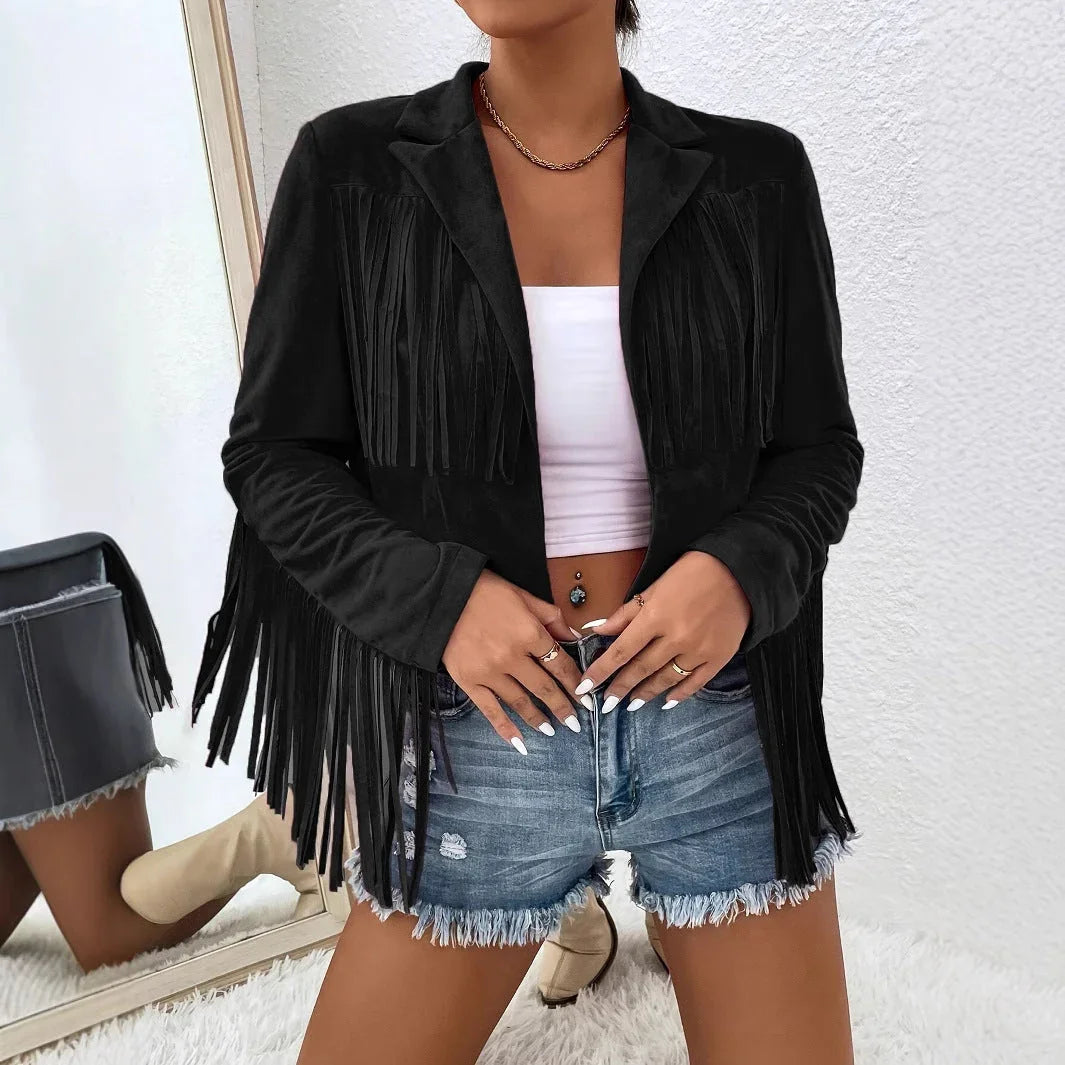 Spring And Autumn Women's V-neck Long Sleeve Fringe Jacket Solid Color Loose Short Coat - VAleG