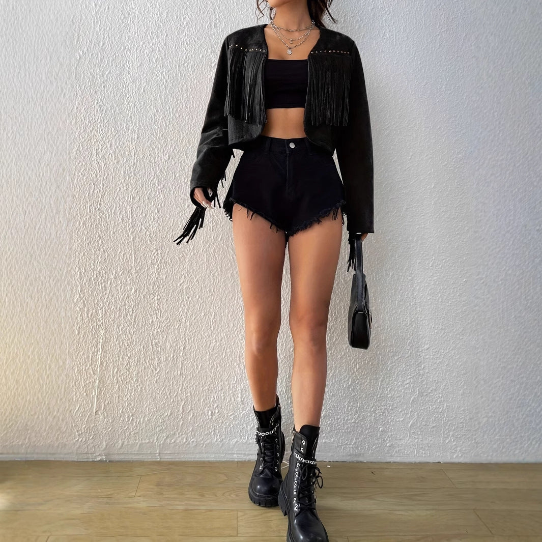 Women's Fashion Solid Color Tassel Rivet Design Front Open Short Jacket - VAleG