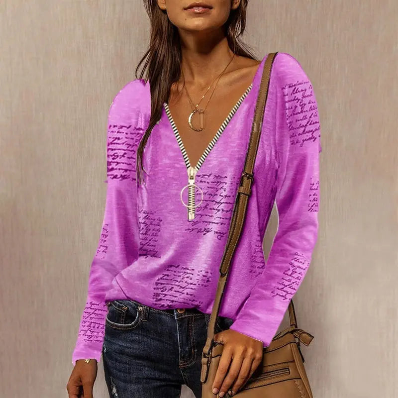 Top casual a maniche lunghe con stampa inglese e cerniera VAleG