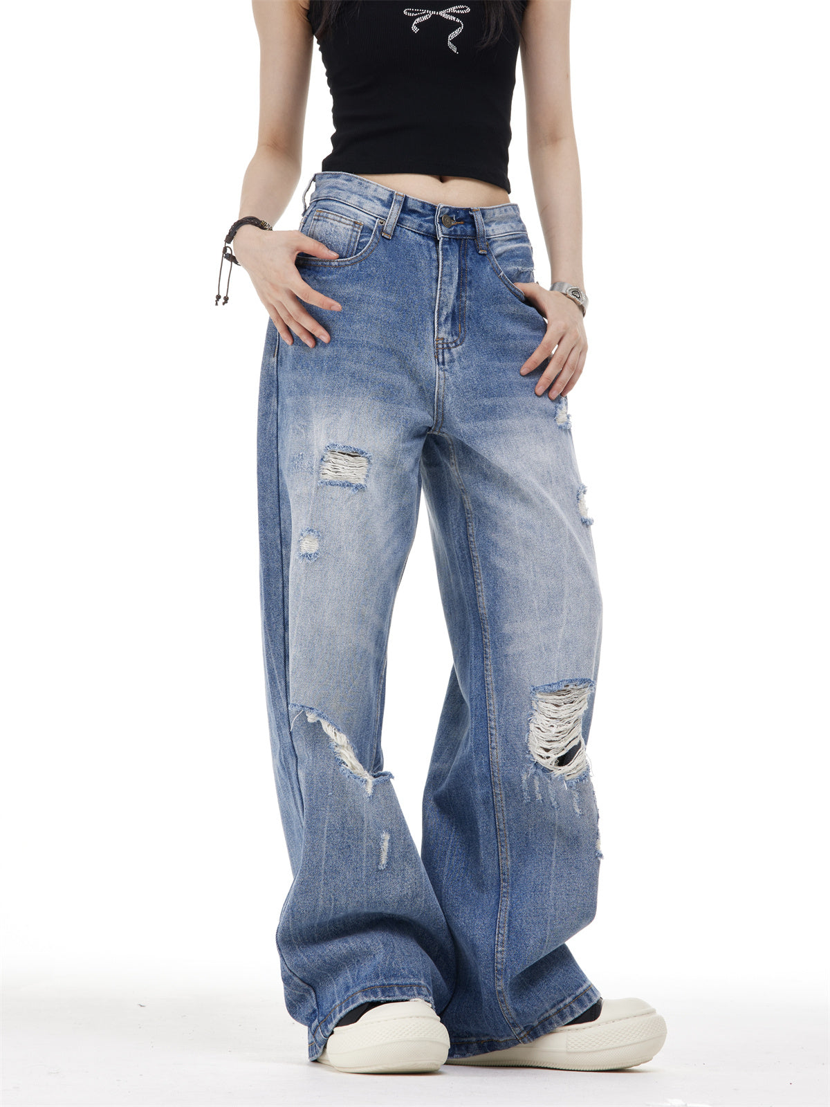 Women's Ripped Washed Blue Jeans - VAleG