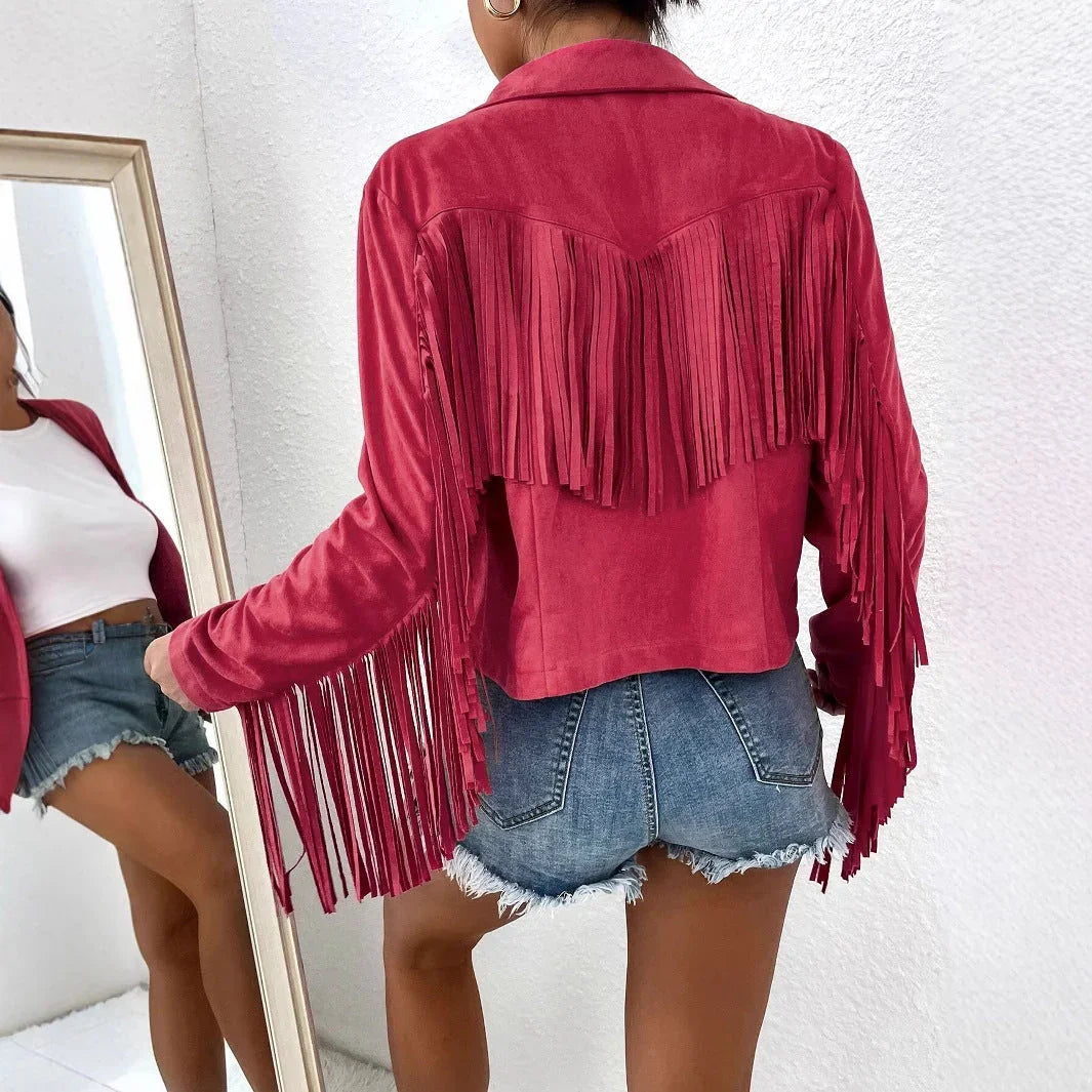 Spring And Autumn Women's V-neck Long Sleeve Fringe Jacket Solid Color Loose Short Coat - VAleG