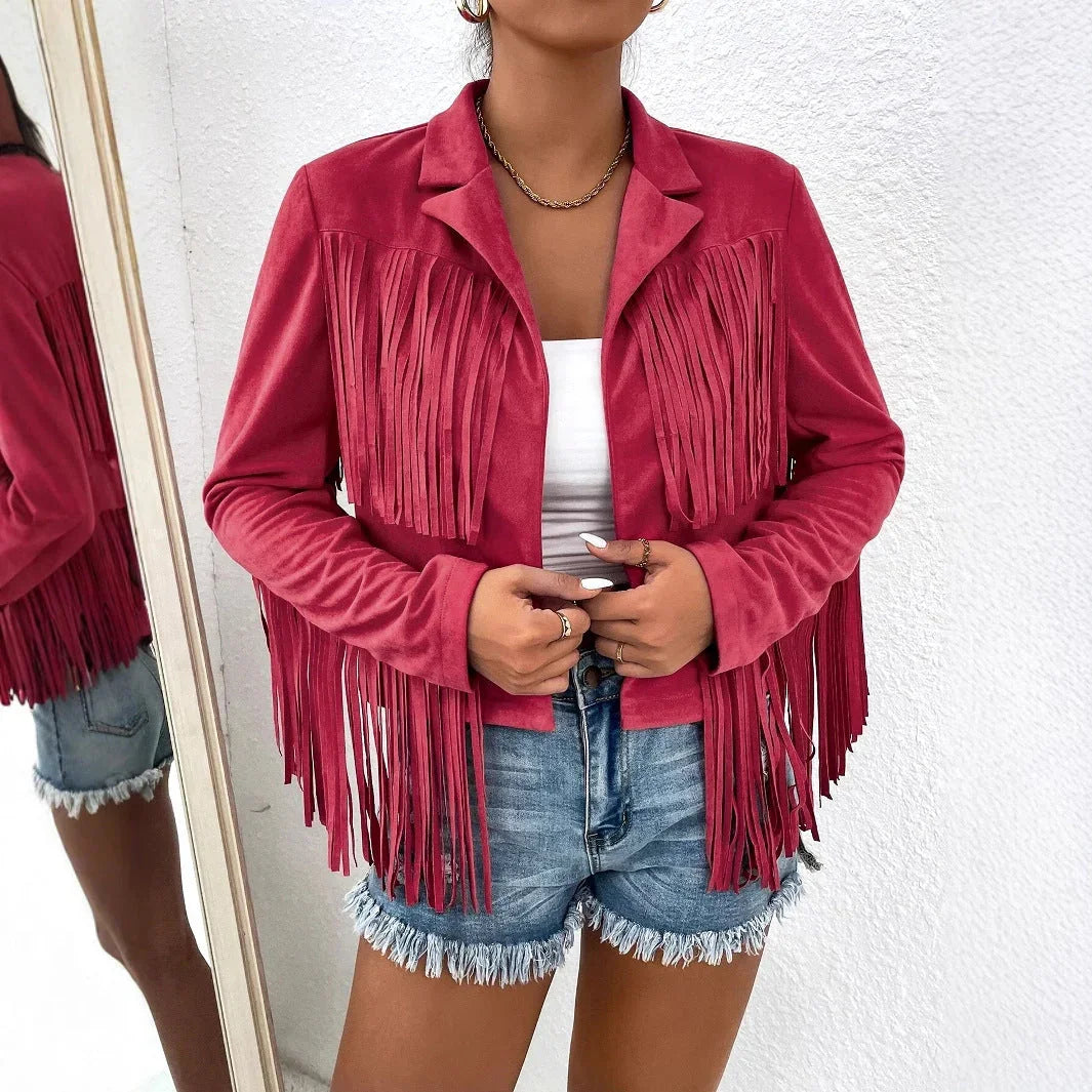 Spring And Autumn Women's V-neck Long Sleeve Fringe Jacket Solid Color Loose Short Coat - VAleG