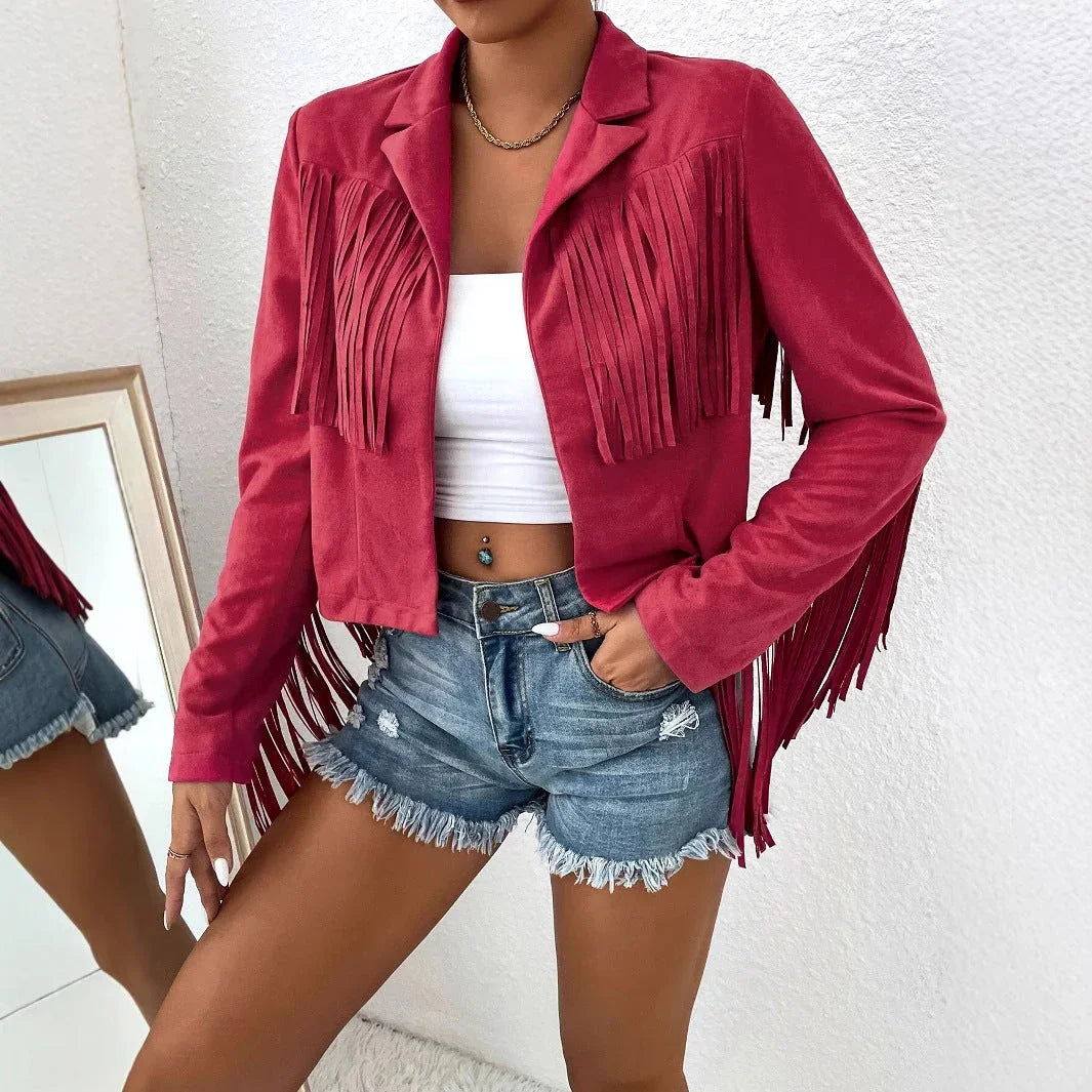 Spring And Autumn Women's V-neck Long Sleeve Fringe Jacket Solid Color Loose Short Coat - VAleG