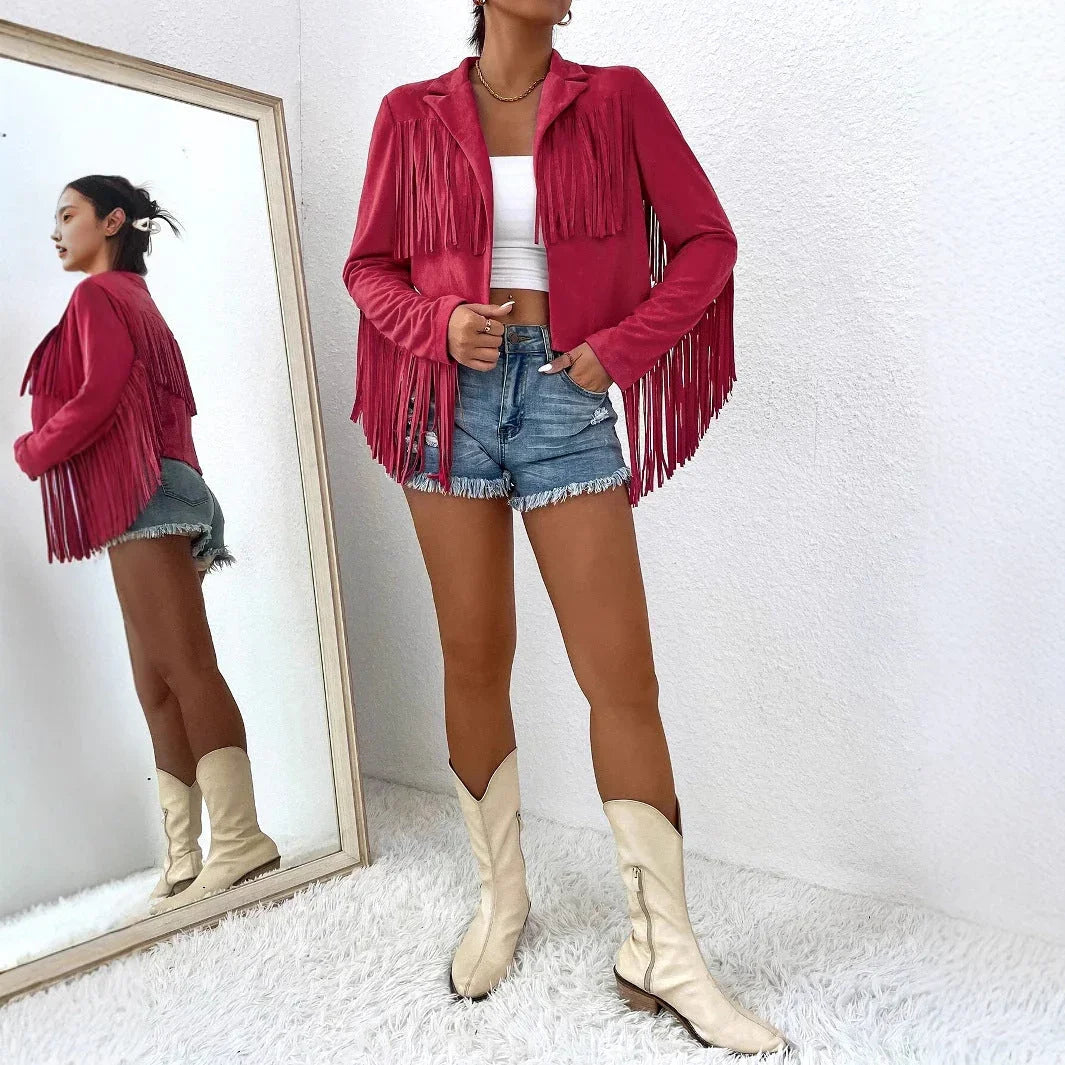 Spring And Autumn Women's V-neck Long Sleeve Fringe Jacket Solid Color Loose Short Coat - VAleG