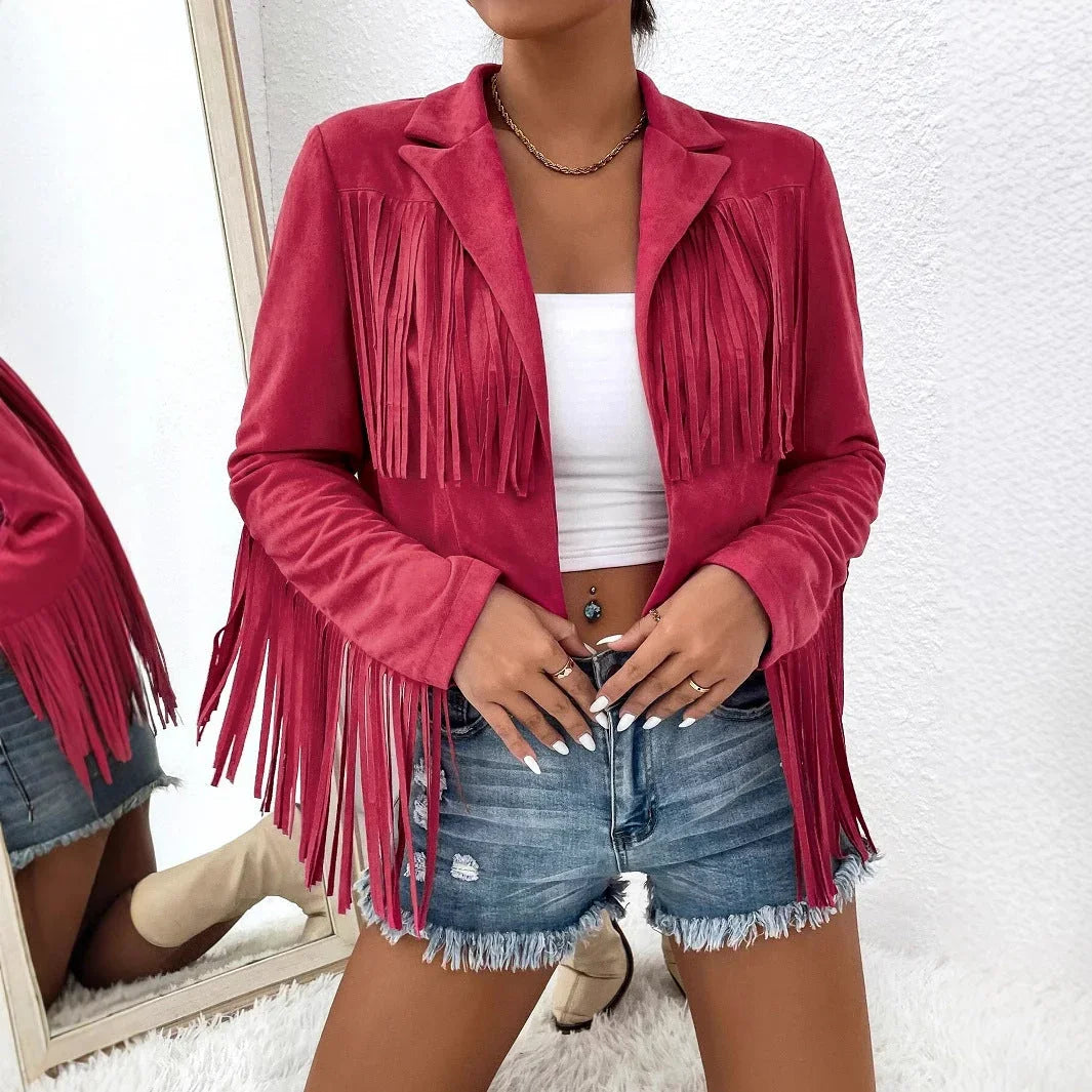 Spring And Autumn Women's V-neck Long Sleeve Fringe Jacket Solid Color Loose Short Coat - VAleG