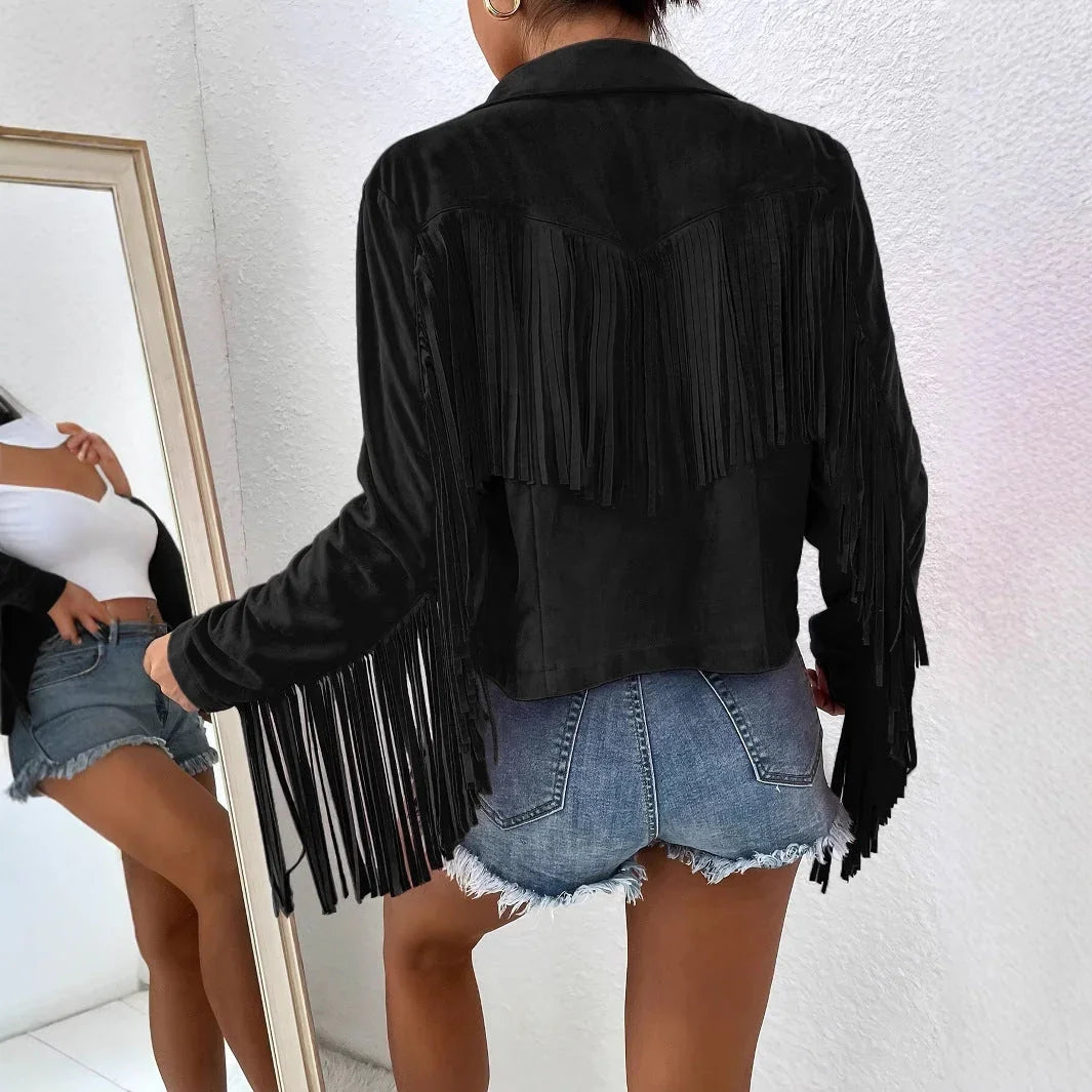 Spring And Autumn Women's V-neck Long Sleeve Fringe Jacket Solid Color Loose Short Coat - VAleG