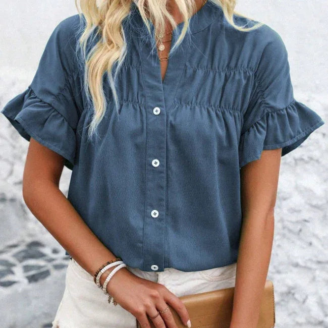 Women's Fashionable Simple Solid-Color Shirt, Perfect For Daily Summer Wear,Short Sleeve Tops - VAleG