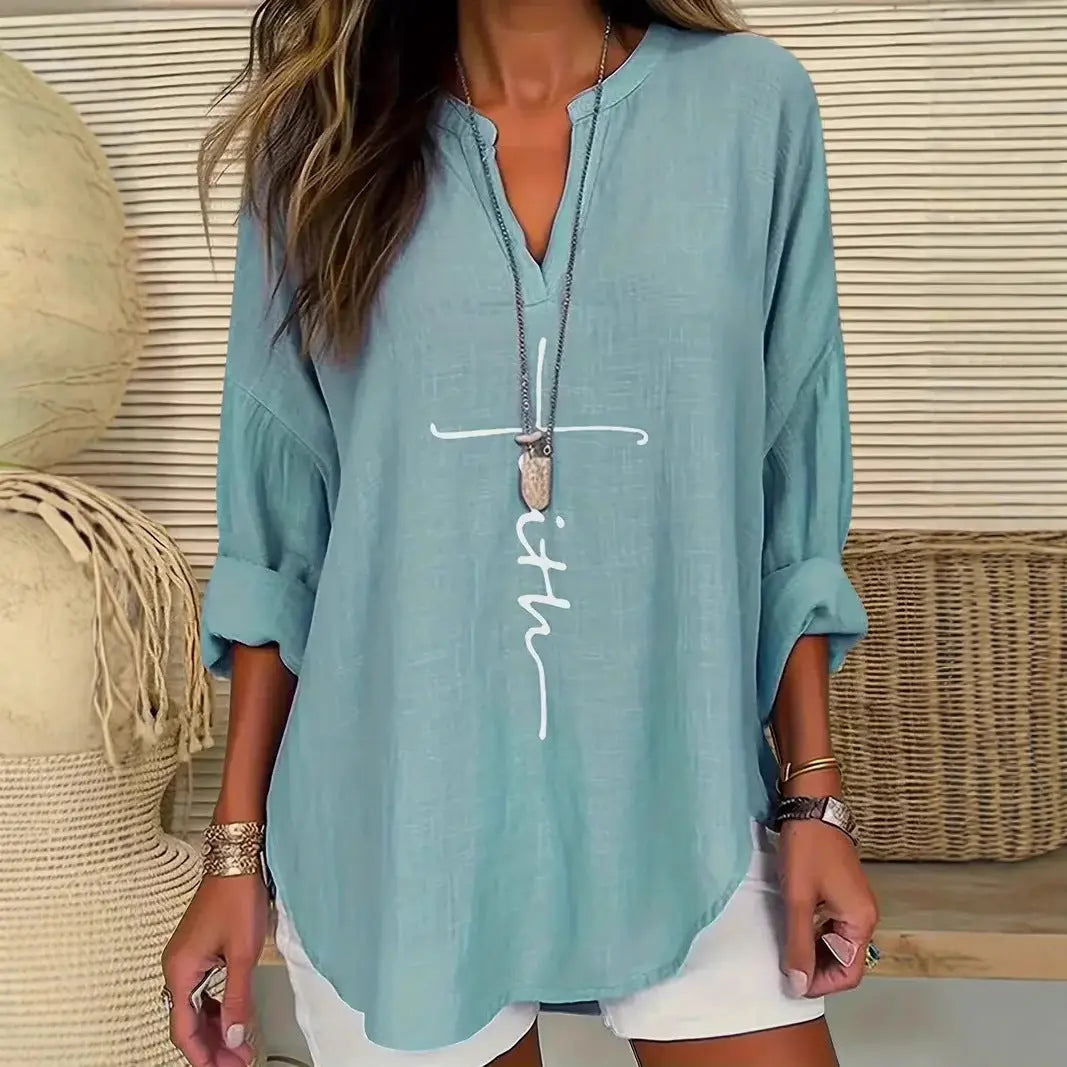 Camicia casual da donna in cotone e lino tinta unita con scollo a V VAleG
