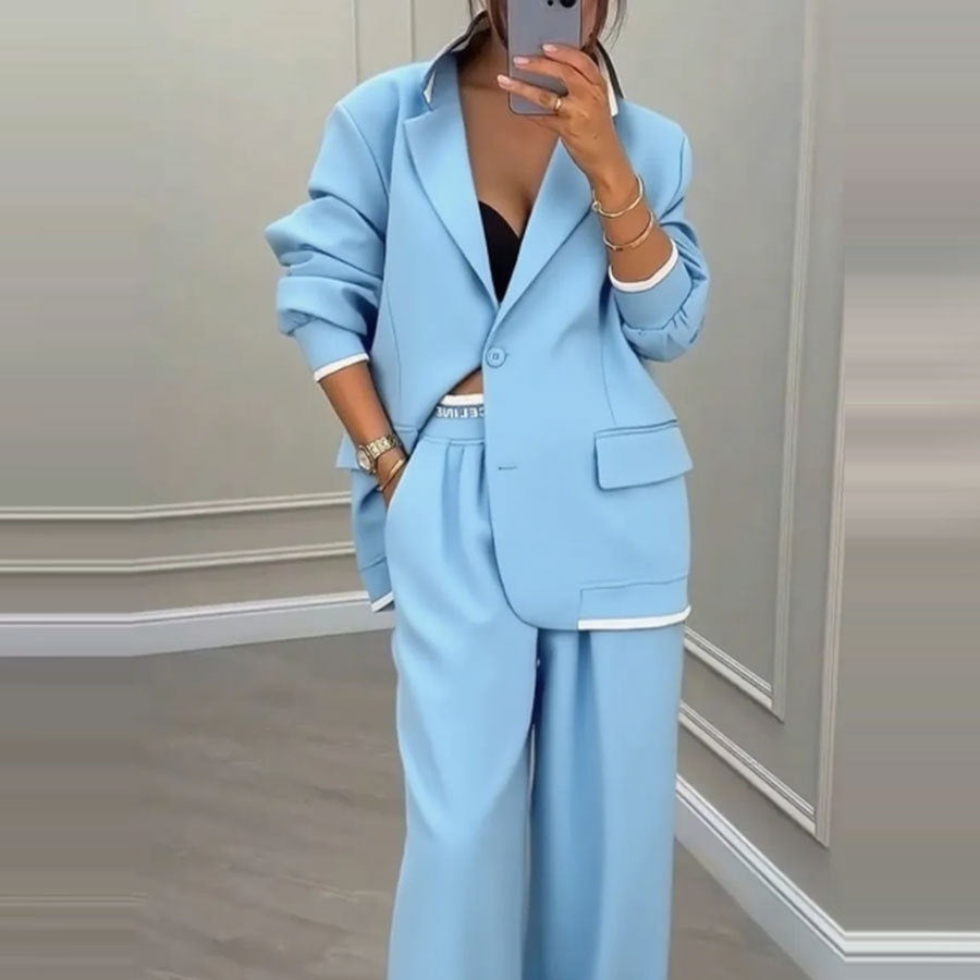 Completo casual da donna con giacca a maniche lunghe e pantaloni a gamba larga