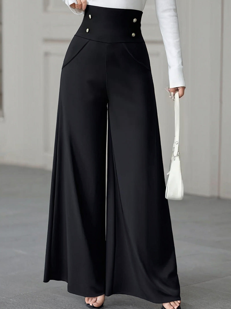 Pantaloni a gamba larga neri minimalista elegante a vita alta