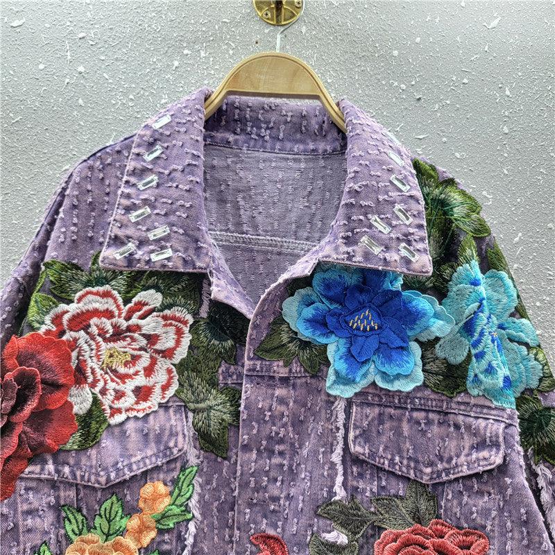 Design Sense Heavy Industry Three-dimensional Flower Short Frayed Hem Casual Denim Coat - VAleG