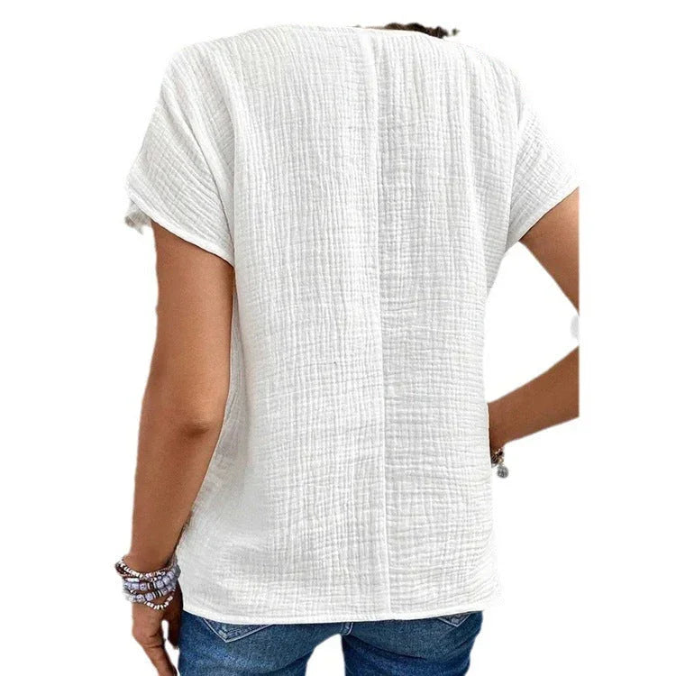 Summer Solid Color Fashion Short-sleeved Cardigan Button Women's Top - VAleG