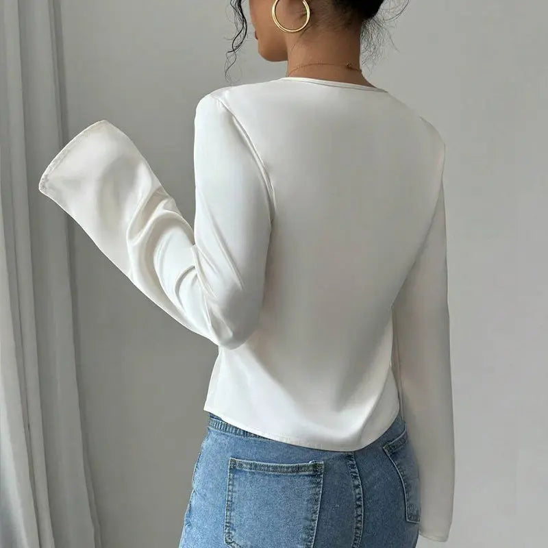Elegante camicia da donna in tinta unita con scollo a V e maniche svasate - VAleG