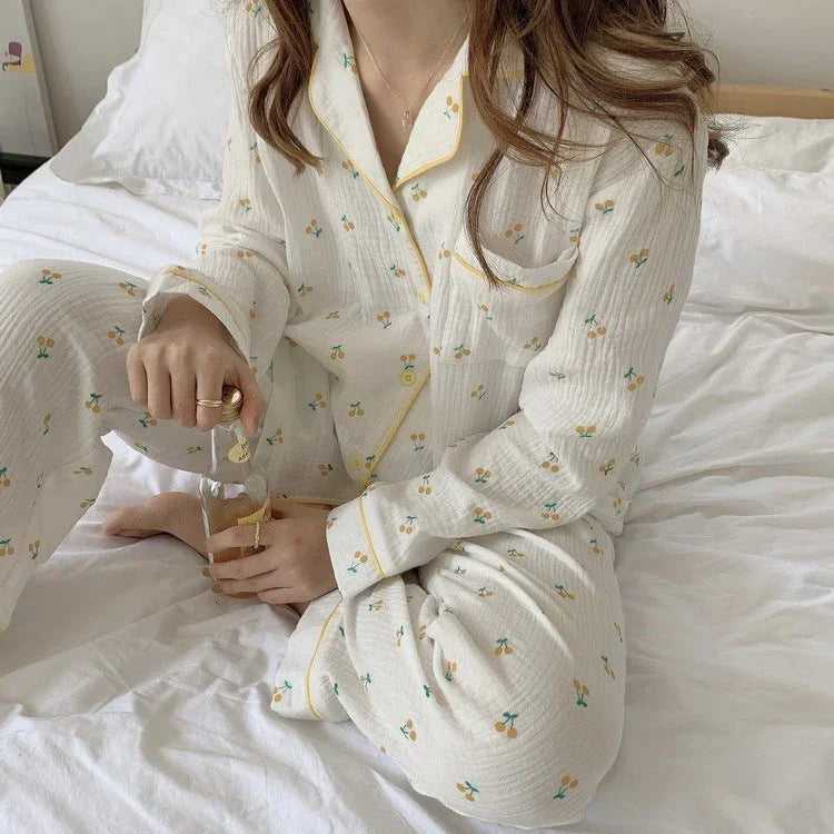 Cotton Yarn Hemming Long-sleeved Trousers Homewear Pajamas Suit - VAleG