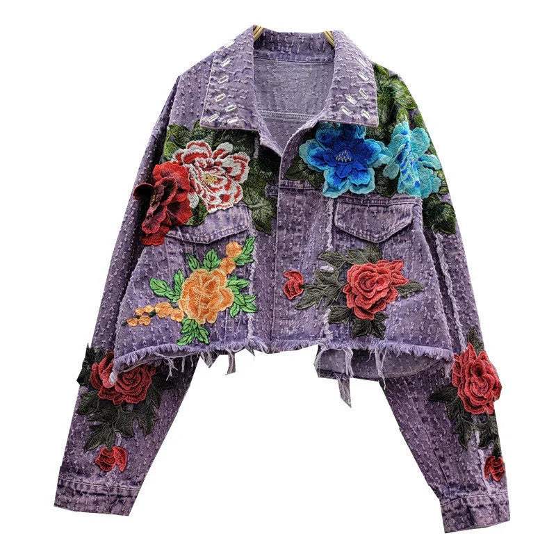 Design Sense Heavy Industry Three-dimensional Flower Short Frayed Hem Casual Denim Coat - VAleG