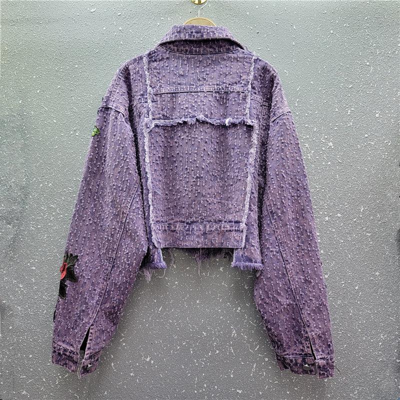 Design Sense Heavy Industry Three-dimensional Flower Short Frayed Hem Casual Denim Coat - VAleG