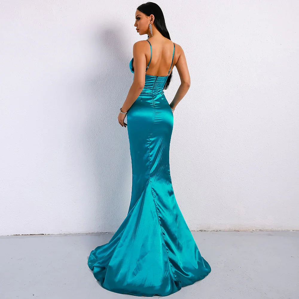 V-neck solid color sling backless ladies evening dress - VAleG