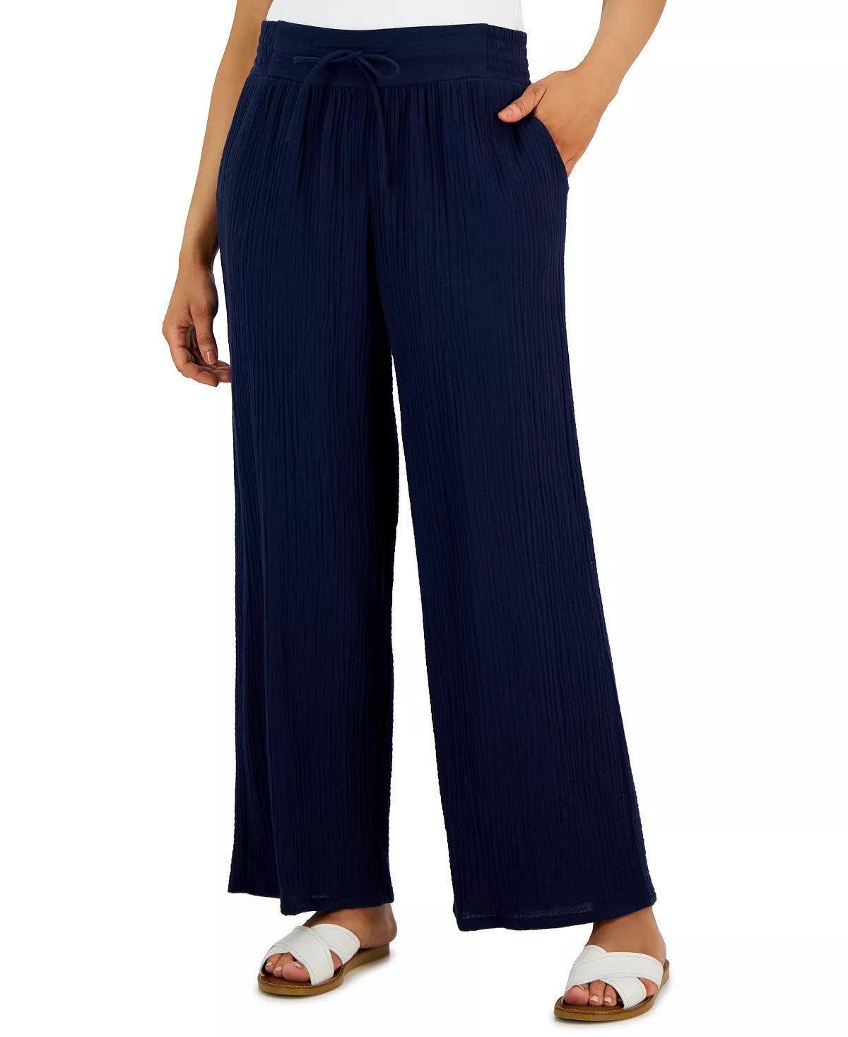 Pantaloni  Casual Con Tasche Larghi In Cotone E Lino
