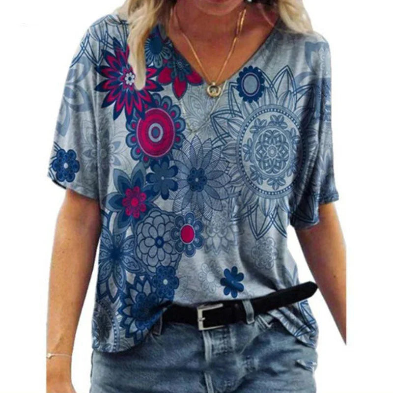 Oversized Loose V-neck Printed Short-sleeved T-shirt - VAleG