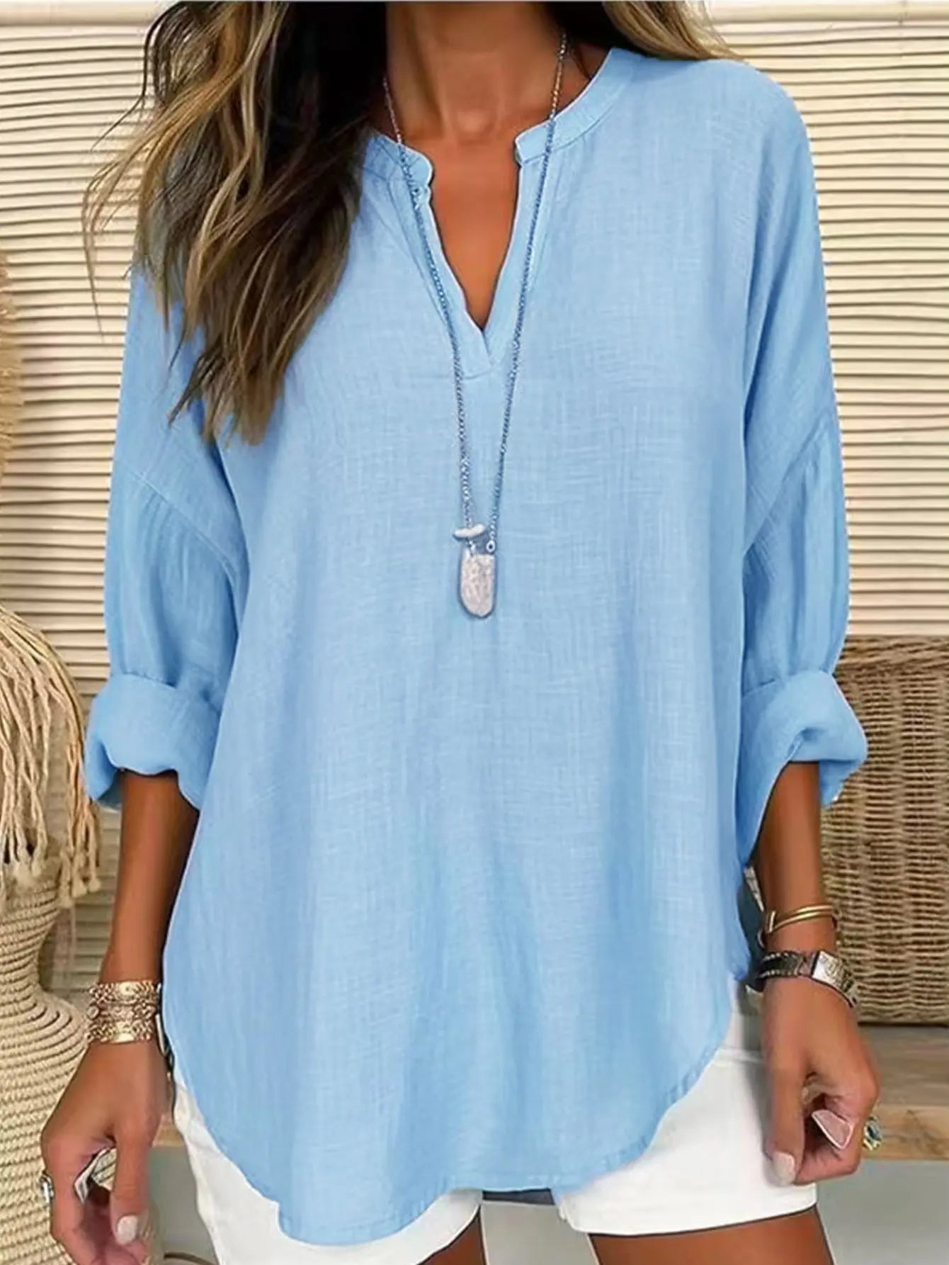 Camicia casual da donna in cotone e lino tinta unita con scollo a V VAleG