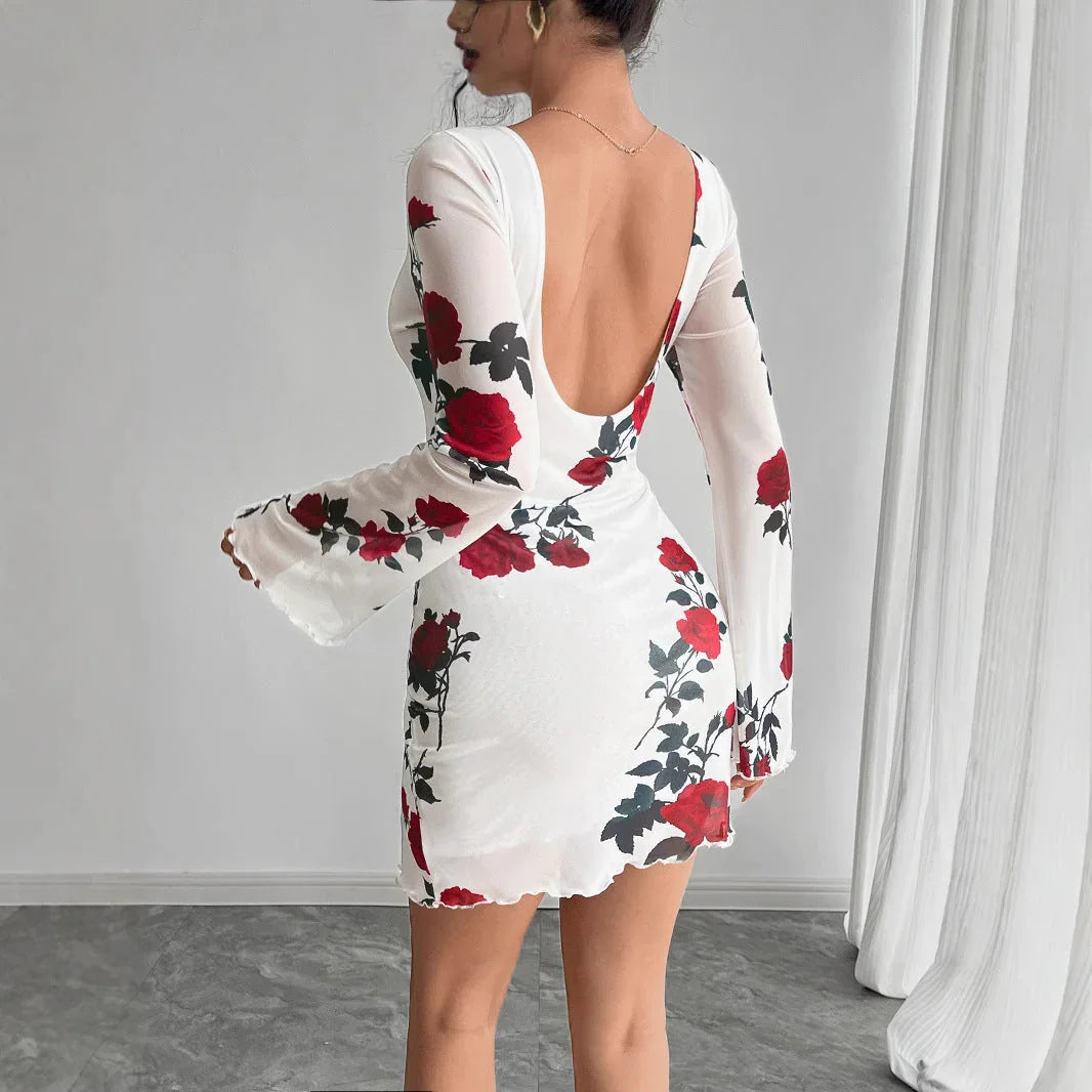 Sexy Floral Backless Gauzy Bell Sleeve Mini Dress - VAleG