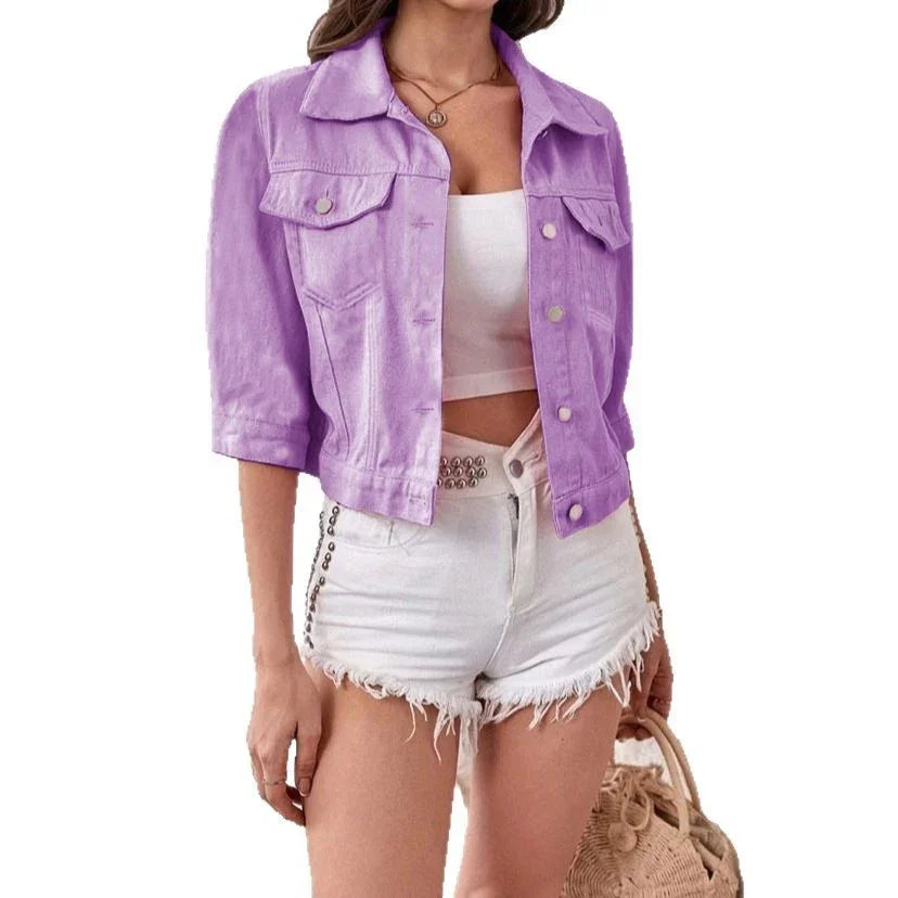 Women's Colorful 34 Sleeve Denim Jacket Coat - VAleG