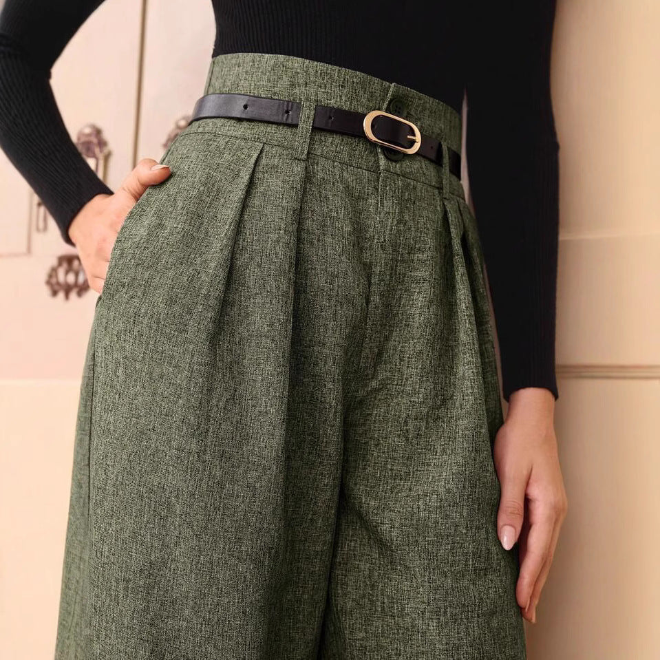 Pantaloni a gamba dritta in misto lino a vita alta vintage casual
