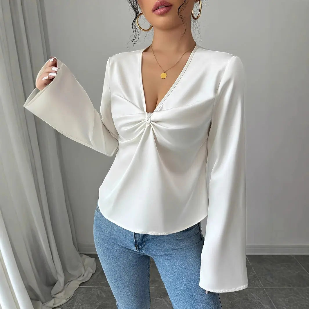 Elegante camicia da donna in tinta unita con scollo a V e maniche svasate - VAleG