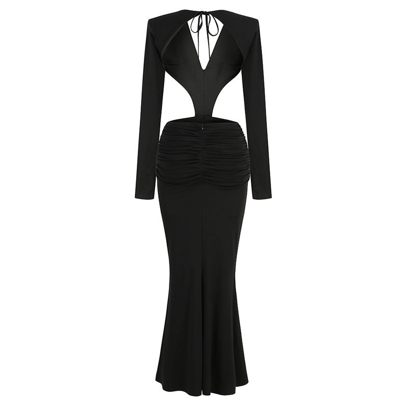 Sexy V-neck Backless Long Sleeves Skirt Waist Decorative Flower Split Fishtail Gown Dress Long - VAleG