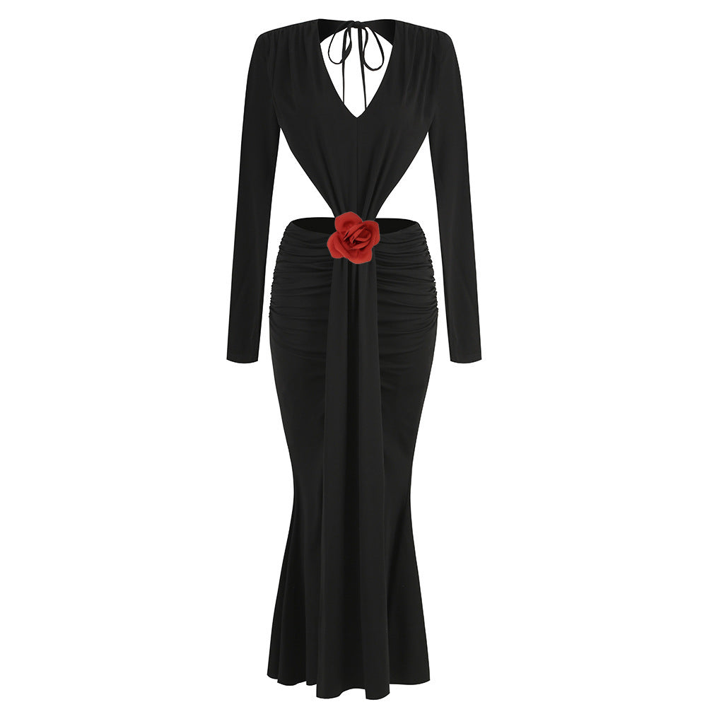 Sexy V-neck Backless Long Sleeves Skirt Waist Decorative Flower Split Fishtail Gown Dress Long - VAleG