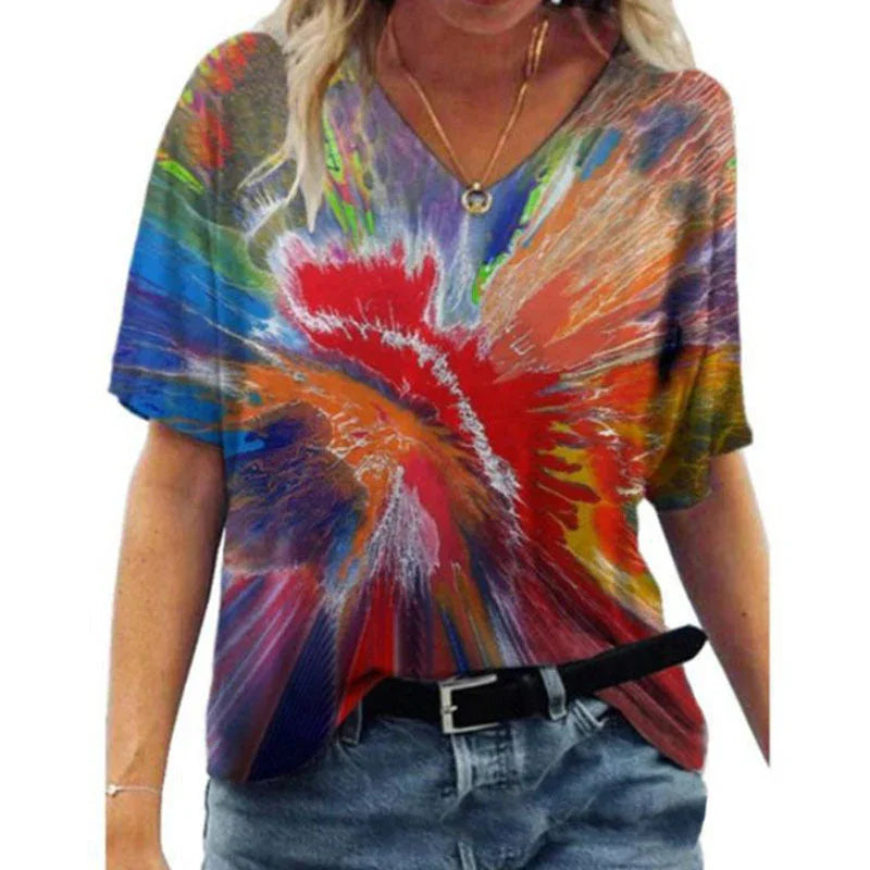 Oversized Loose V-neck Printed Short-sleeved T-shirt - VAleG
