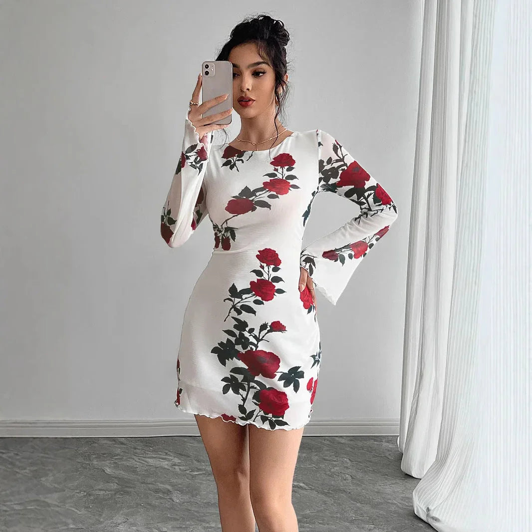 Sexy Floral Backless Gauzy Bell Sleeve Mini Dress - VAleG