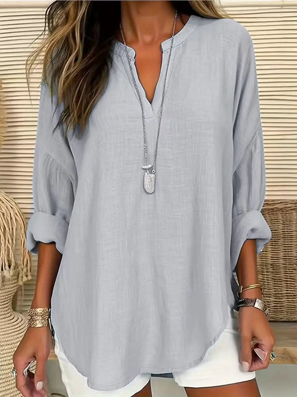 Camicia casual da donna in cotone e lino tinta unita con scollo a V VAleG