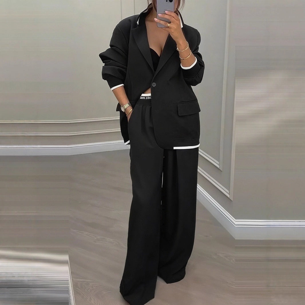 Completo casual da donna con giacca a maniche lunghe e pantaloni a gamba larga