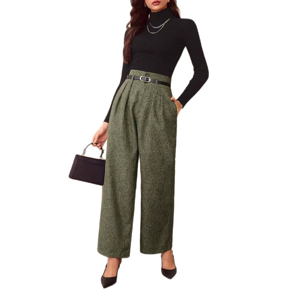 Pantaloni a gamba dritta in misto lino a vita alta vintage casual