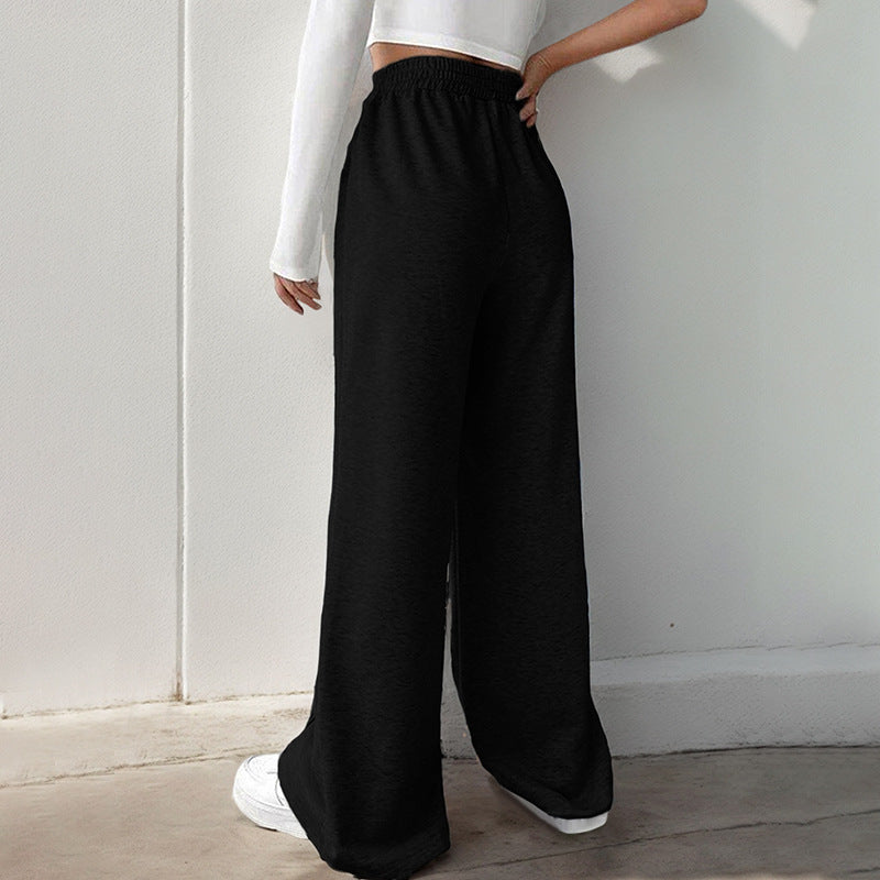 Pantaloni casual a gamba larga a vita alta a colore puro da donna