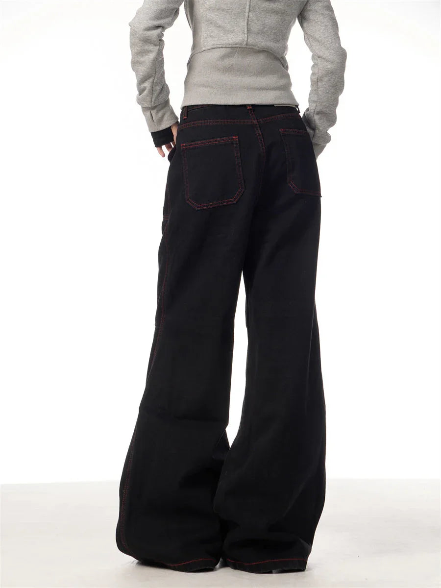Contrasting Color Of Black And Red Workwear With Pocket Trousers - VAleG