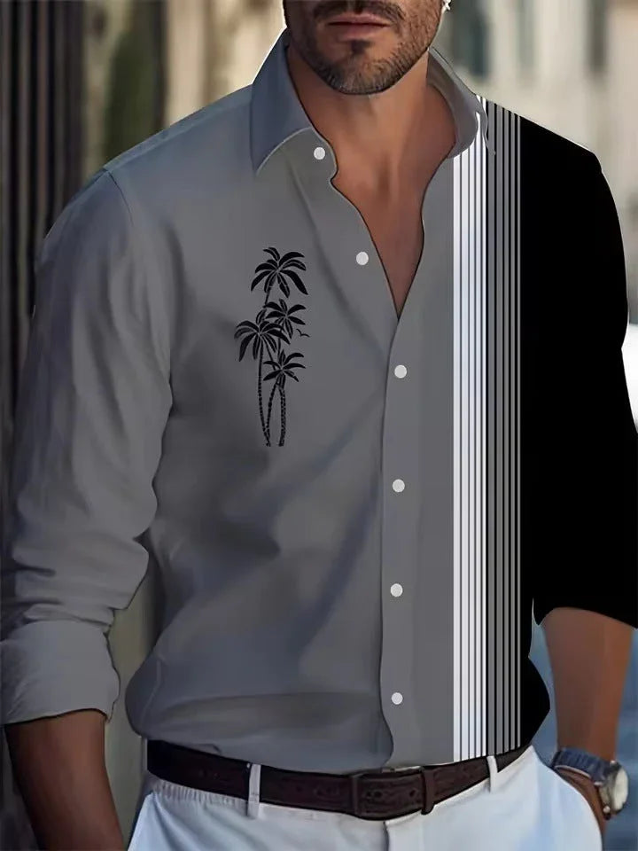 Men's Long Sleeve Shirt Palm Tree And Striped Printed Shirt Everyday Fashion Men's Casual Shirt - VAleG