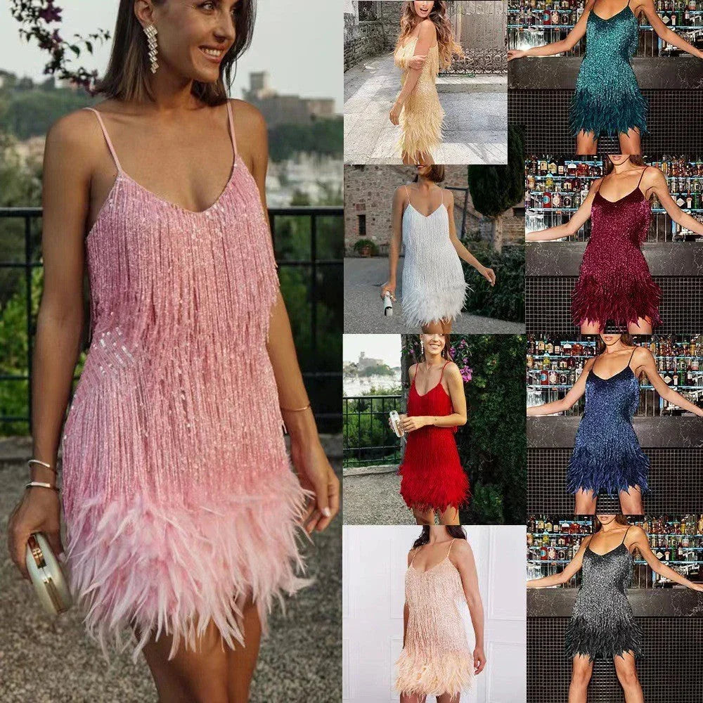 Sexy Tassel Sequins Feather Summer Mini Dress Women V Neck Spaghetti Strap Stitching Dresses Female Elegant Evening Party Club Dress - VAleG