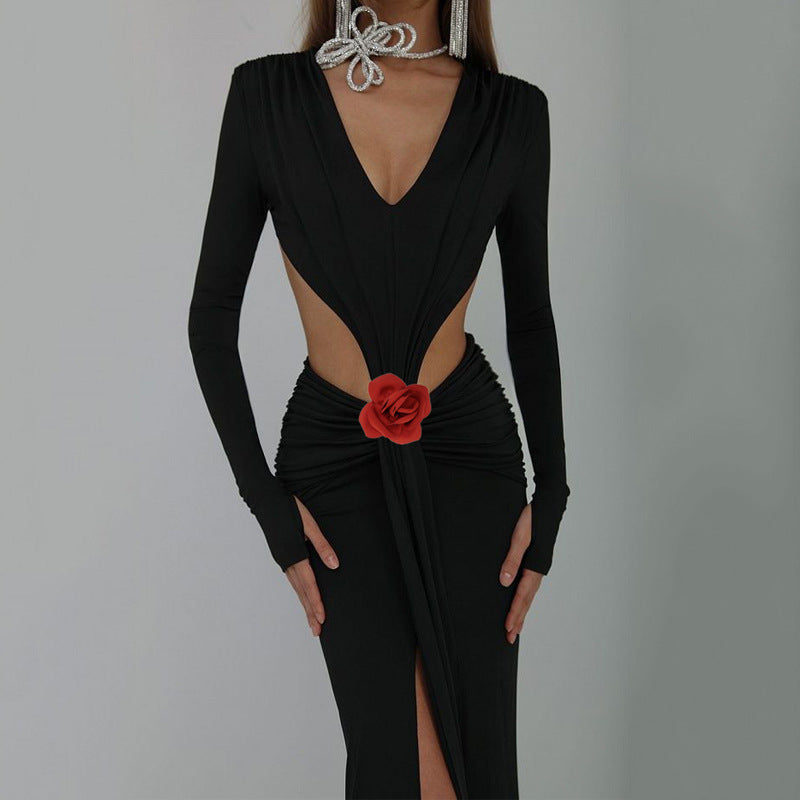 Sexy V-neck Backless Long Sleeves Skirt Waist Decorative Flower Split Fishtail Gown Dress Long - VAleG