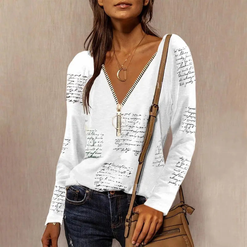 Top casual a maniche lunghe con stampa inglese e cerniera VAleG