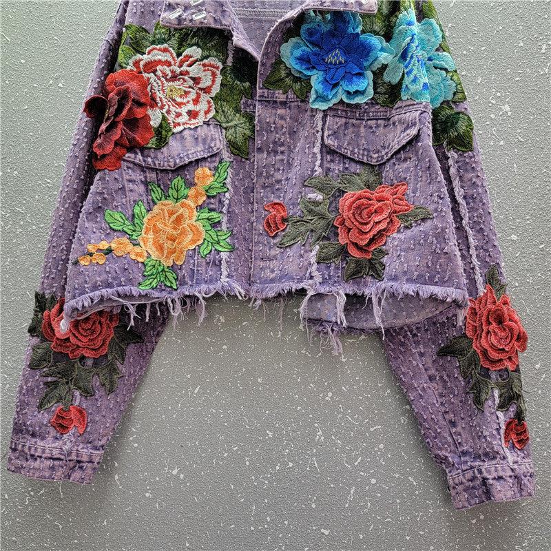 Design Sense Heavy Industry Three-dimensional Flower Short Frayed Hem Casual Denim Coat - VAleG