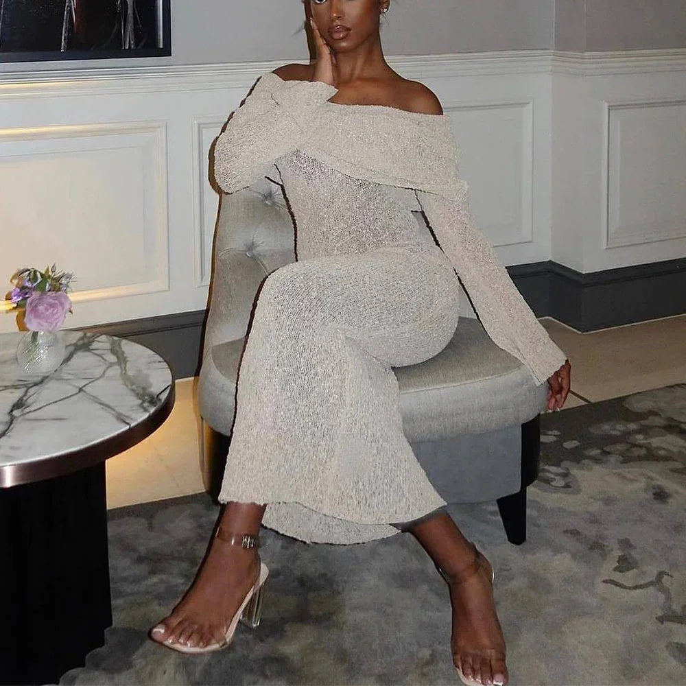New One-shoulder Knitted Long-sleeved Dress Sexy Beach Holiday Long Dresses Womens Clothing - VAleG