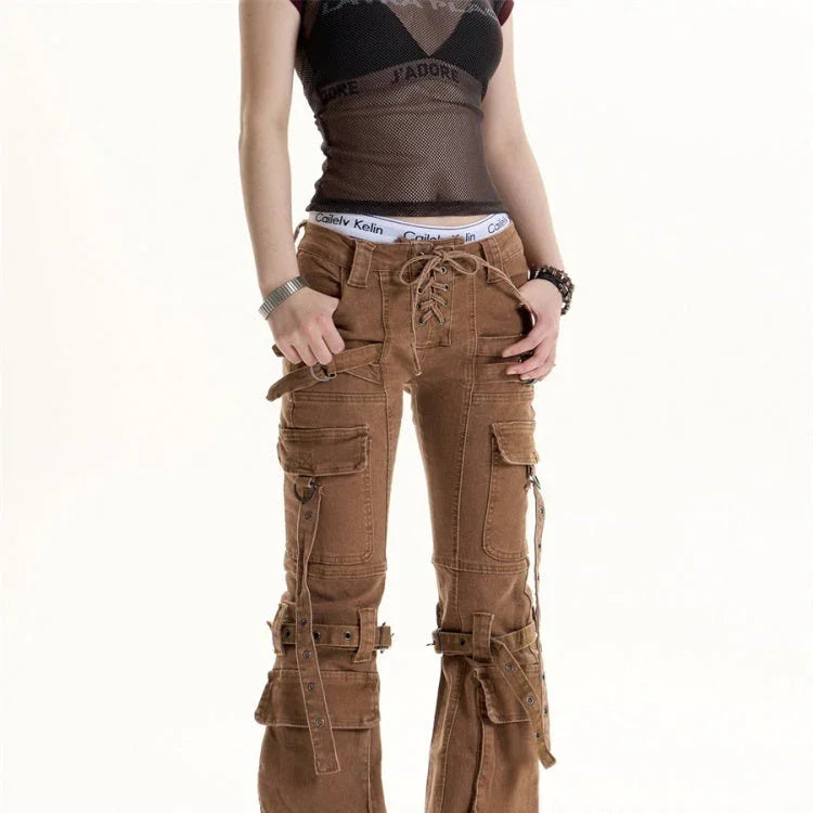 Retro Hot Girl Brown Cargo Jeans Women - VAleG