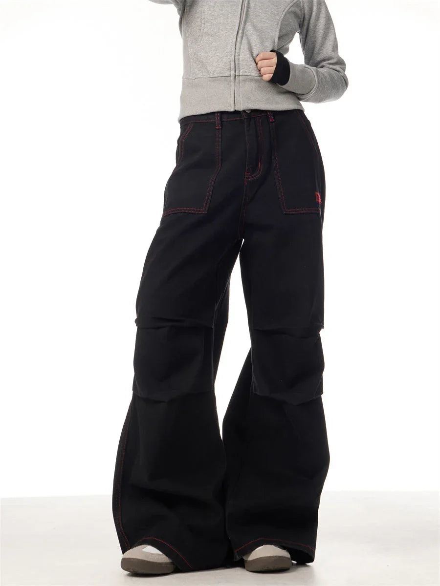 Contrasting Color Of Black And Red Workwear With Pocket Trousers - VAleG