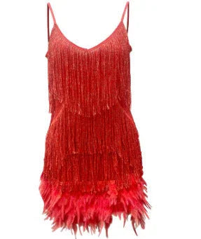 Sexy Tassel Sequins Feather Summer Mini Dress Women V Neck Spaghetti Strap Stitching Dresses Female Elegant Evening Party Club Dress - VAleG