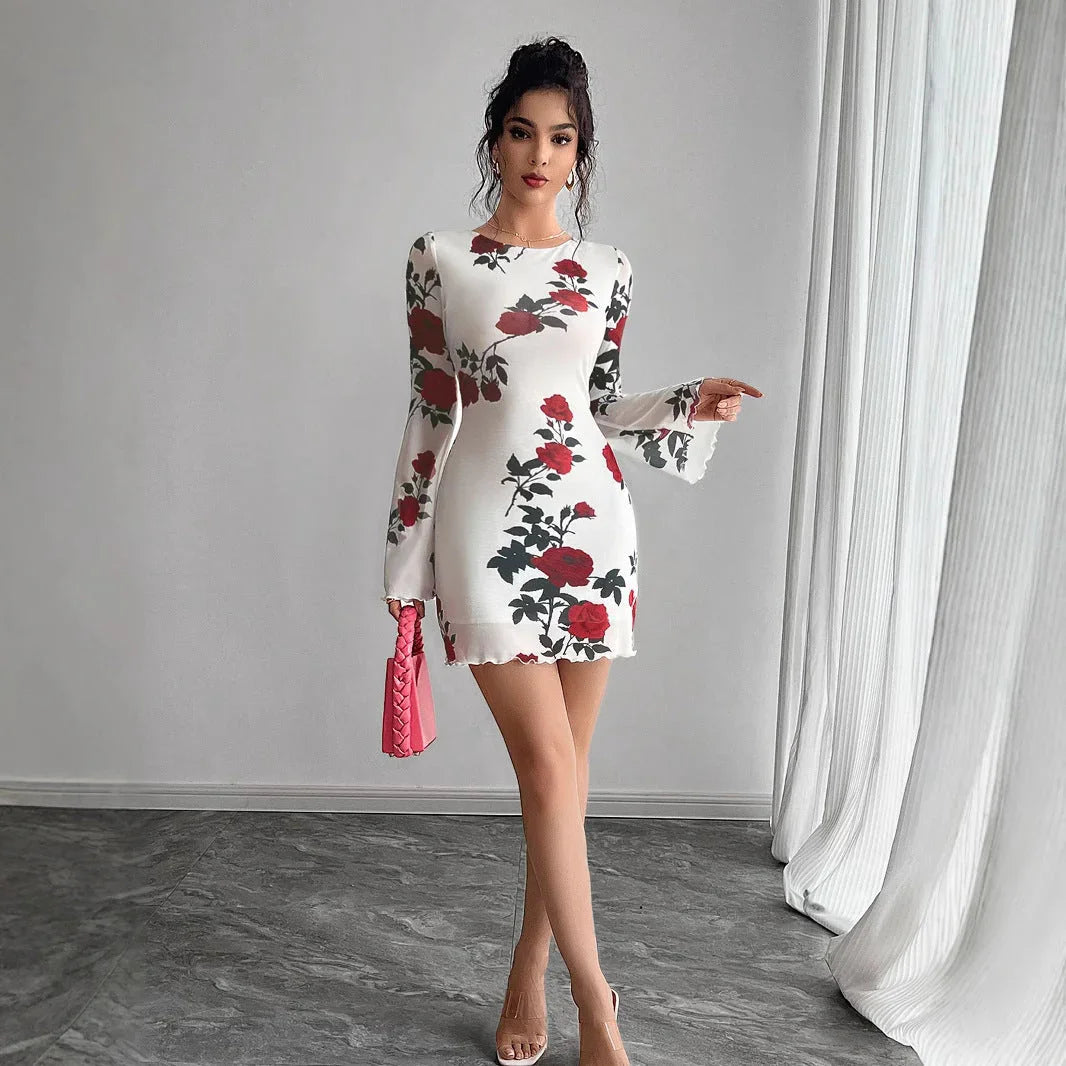Sexy Floral Backless Gauzy Bell Sleeve Mini Dress - VAleG